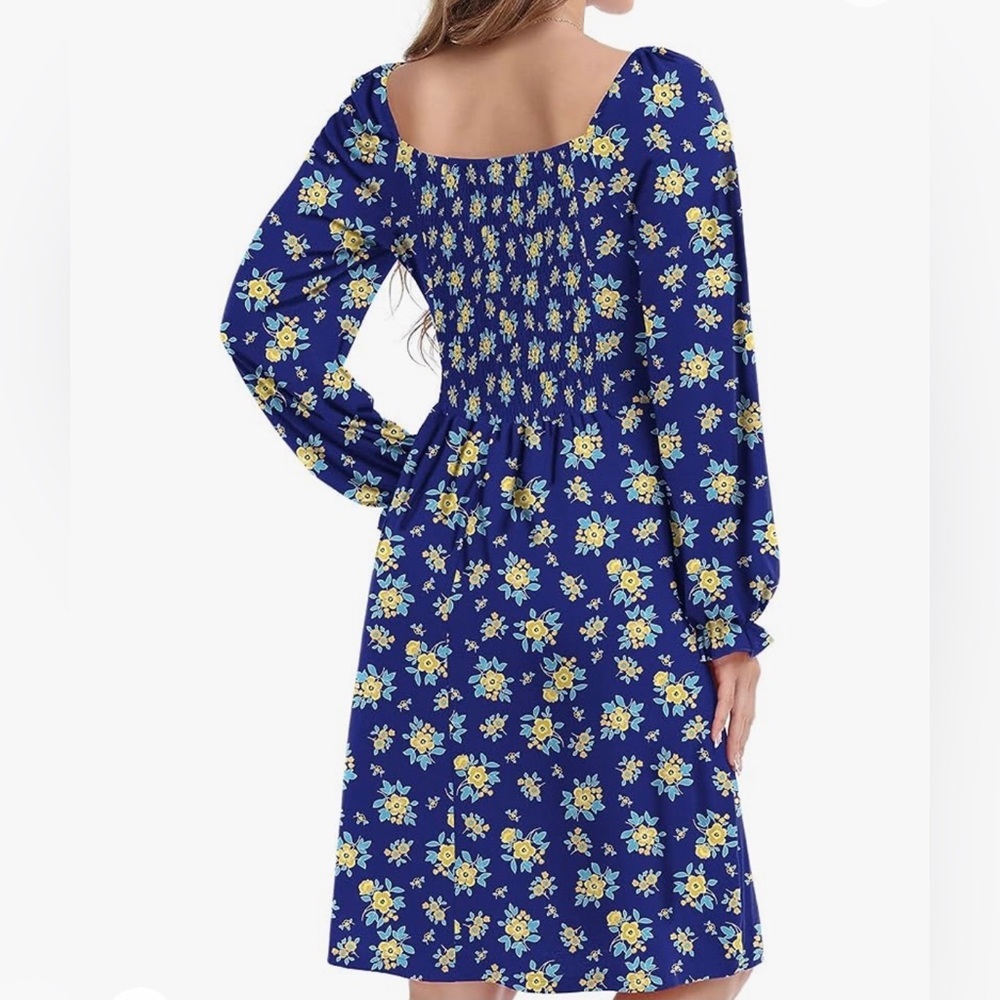 A-line Puff Sleeve Dress Blue Flowery Size XXL - Picture 8 of 13